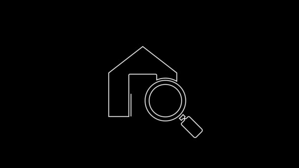 Linha Branca Pesquisa Ícone Casa Isolado Fundo Preto Símbolo Imobiliário — Vídeo de Stock