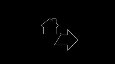 Siyah zemin üzerinde ev simgesi olan beyaz çizgi haritası işaretçisi. Ev konumu belirleyici sembol. 4K Video hareketli grafik canlandırması.