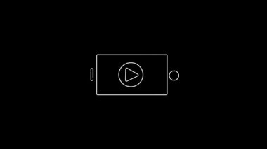 Siyah arkaplanda beyaz satır çevrimiçi video simgesi izole edildi. Akıllı telefon ve üzerinde oyun işareti olan film şeridi. 4K Video hareketli grafik canlandırması.