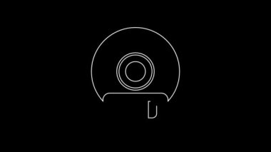 Siyah arkaplanda beyaz çizgi CD veya DVD disk simgesi izole edildi. Küçük disk işareti. 4K Video hareketli grafik canlandırması.