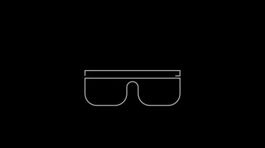 Beyaz çizgi 3D sinema gözlüğü simgesi siyah arkaplanda izole edilmiş. 4K Video hareketli grafik canlandırması.