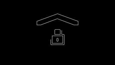 White line House under protection icon isolated on black background. Home and lock. Protection, safety, security, protect, defense concept. 4K Video motion graphic animation.