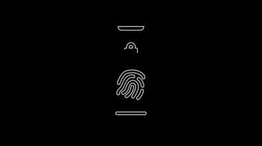 White line Smartphone with fingerprint scanner icon isolated on black background. Concept of security, personal access via finger on mobile. 4K Video motion graphic animation.