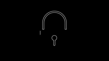 Siyah arkaplanda beyaz çizgi kilidi simgesi izole edildi. Asma kilit işareti. Güvenlik, güvenlik, koruma, gizlilik kavramı. 4K Video hareketli grafik canlandırması.