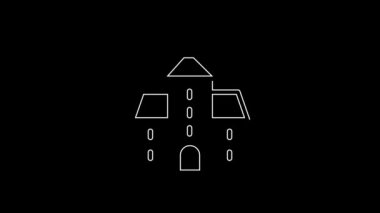 White line Castle icon isolated on black background. Medieval fortress with a tower. Protection from enemies. Reliability and defense of the city. 4K Video motion graphic animation.
