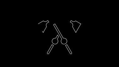 White line Crossed medieval axes icon isolated on black background. Battle axe, executioner axe. Medieval weapon. 4K Video motion graphic animation.