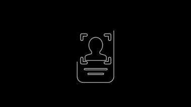 White line Mobile phone and face recognition icon isolated on black background. Face identification scanner icon. Facial id. Cyber security. 4K Video motion graphic animation.
