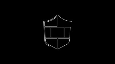 Siyah arka planda siber güvenlik duvarı simgesi olan beyaz çizgi kalkanı. Veri koruma sembolü. Güvenlik duvarı. Ağ koruması. 4K Video hareketli grafik canlandırması.