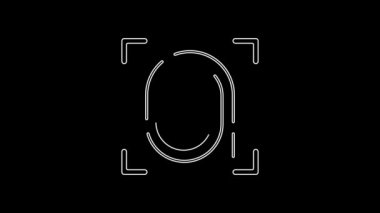 Beyaz çizgi parmak izi simgesi siyah arkaplanda izole edildi. Kimlik uygulaması simgesi. Kimlik işareti. Kimliğe dokun. 4K Video hareketli grafik canlandırması.