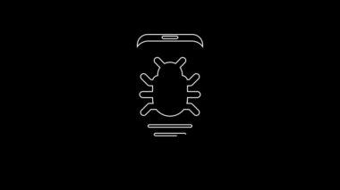 White line System bug on mobile icon isolated on black background. Code bug concept. Bug in the system. Bug searching. 4K Video motion graphic animation.
