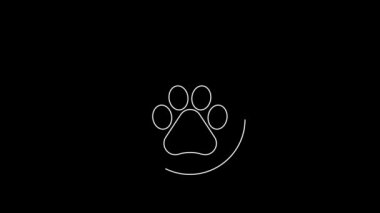 Siyah arkaplanda isim etiketi simgesi olan beyaz çizgi yaka. Evcil hayvan malzemeleri. Köpek ya da kedi pençesi izi. Kedi köpek bakımı. Evcil hayvan zincirleri. 4K Video hareketli grafik canlandırması.