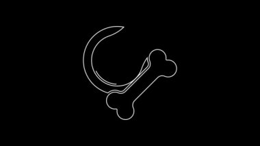 Beyaz çizgi oyuncaklar siyah arka planda izole edilmiş kemik kauçuk ve top ikonu. 4K Video hareketli grafik canlandırması.