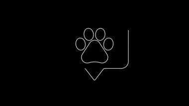 White line Map pointer with veterinary medicine hospital, clinic or pet shop for animals icon isolated on black background. Vet or veterinarian clinic. 4K Video motion graphic animation.