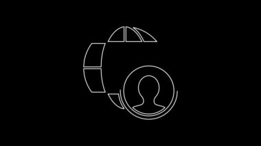 Beyaz çizgi Globe ve siyah arka planda izole edilmiş insan ikonu. Küresel iş sembolü. Sosyal ağ simgesi. 4K Video hareketli grafik canlandırması.