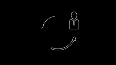 Beyaz çizgi insan kaynakları simgesi siyah arkaplanda izole edildi. İnsan kaynakları yönetimi kavramı, profesyonel personel araştırması, baş avcı işi. 4K Video hareketli grafik canlandırması.