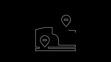 Siyah arkaplanda konum belirleyici simgesi olan beyaz çizgi katlanmış harita. 4K Video hareketli grafik canlandırması.