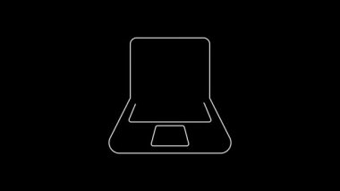 Beyaz çizgi dizüstü bilgisayar simgesi siyah arkaplanda izole edildi. Boş ekran işaretli bilgisayar defteri. 4K Video hareketli grafik canlandırması.