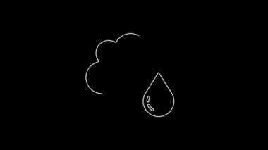 Siyah zemin üzerinde yağmur ikonu olan beyaz çizgi bulutu. Yağmur damlaları ile yağmur bulutu yağışı. 4K Video hareketli grafik canlandırması.
