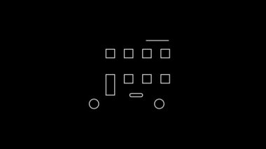 Beyaz çizgi çift katlı otobüs simgesi siyah arkaplanda izole edildi. Londra klasik yolcu otobüsü. Toplu taşıma sembolü. 4K Video hareketli grafik canlandırması.