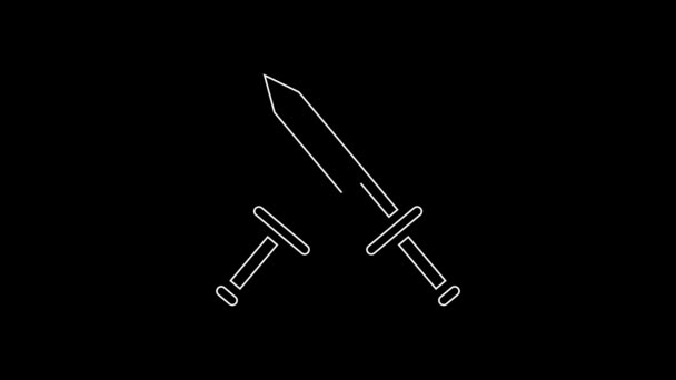 White Line Crossed Medieval Sword Icon Isolated Black Background Medieval — Vídeo de Stock