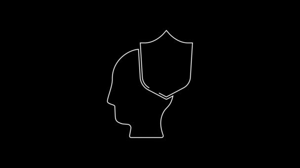 White Line Human Head Shield Icon Isolated Black Background Video — Stok video