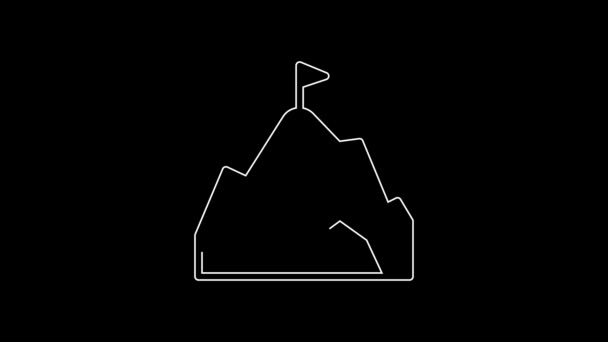 黒の背景に隔離された上のアイコンにフラグを持つ白い線の山 勝利や成功の概念の象徴 目標達成 4Kビデオモーショングラフィックアニメーション — ストック動画