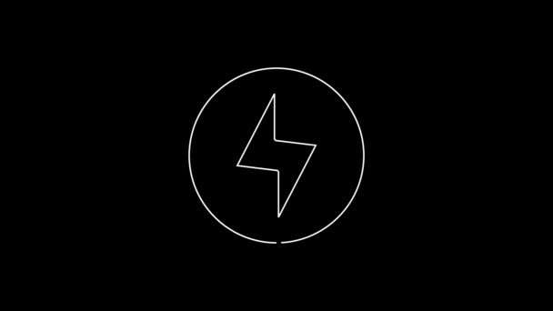 White Line Lightning Bolt Icon Isolated Black Background Flash Sign — Stock Video