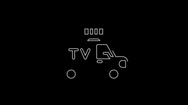 Beyaz çizgi TV haber aracı. Çatıdaki ikon siyah arka planda izole edilmiş. 4K Video hareketli grafik canlandırması.
