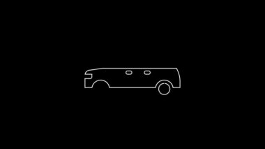 Beyaz çizgi Hatchback araba simgesi siyah arkaplanda izole edildi. 4K Video hareketli grafik canlandırması.