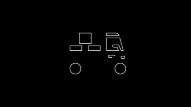 Siyah arka planda izole edilmiş simgenin arkasında karton kutular olan beyaz çizgi teslimat kamyonu. 4K Video hareketli grafik canlandırması.