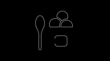 White line Ice cream in the bowl and spoon icon isolated on black background. Sweet symbol. 4K Video motion graphic animation.
