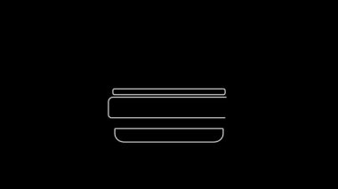 Siyah arkaplanda beyaz çizgi Burger simgesi var. Hamburger ikonu. Çizburger sandviç tabelası. Fast food menüsü. 4K Video hareketli grafik canlandırması.