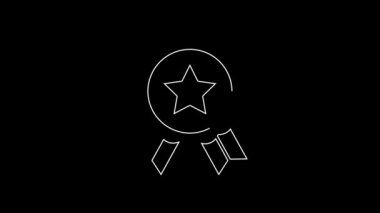 Siyah zemin üzerinde yıldız simgesi olan beyaz çizgi madalyası. Kazanan başarı işareti. Ödül madalyası. 4K Video hareketli grafik canlandırması.