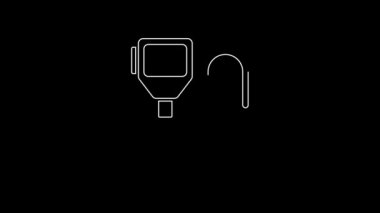 Beyaz çizgi telsiz ikonu siyah arkaplanda izole edildi. Taşınabilir radyo vericisi simgesi. Radyo alıcı-vericisi işareti. 4K Video hareketli grafik canlandırması.