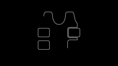 Siyah arka planda izole edilmiş kurşun ikonundan korunmak için beyaz çizgili kurşun geçirmez yelek. Vücut zırhı işareti. Askeri kıyafetler. 4K Video hareketli grafik canlandırması.