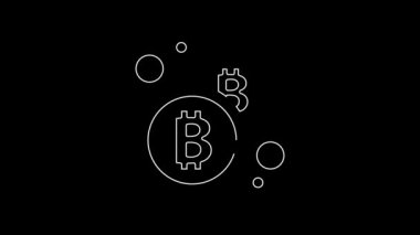 Siyah zemin üzerinde beyaz çizgi kripto para Bitcoin simgesi izole edildi. Madeni para. Engelleme zinciri tabanlı şifreli para birimi. 4K Video hareketli grafik canlandırması.