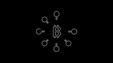 Beyaz çizgi Blockchain teknolojisi Bitcoin simgesi siyah arkaplanda izole edildi. Soyut geometrik blok zincir ağ teknolojisi işi. 4K Video hareketli grafik canlandırması.