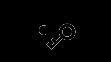 Siyah arkaplanda beyaz çizgi şifreleme anahtar simgesi izole edildi. Siber güvenlik kavramı ya da özel anahtar, teknolojik arayüzlü dijital anahtar. 4K Video hareketli grafik canlandırması.