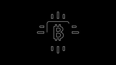Beyaz çizgi CPU maden çiftliği ikonu siyah arka planda izole edildi. İşlemcinin içinde bitcoin işareti. Kripto para madenciliği topluluğu. Dijital para. 4K Video hareketli grafik canlandırması.