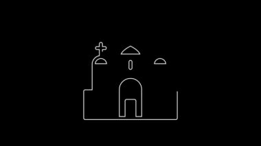 Siyah arka planda beyaz çizgi kilise ikonu var. Hıristiyan Kilisesi. Kilisenin dini. 4K Video hareketli grafik canlandırması.