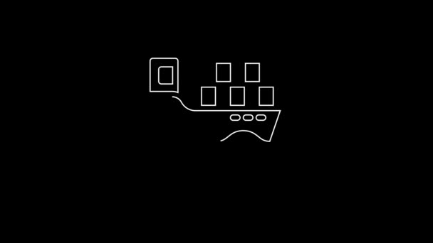 白线货轮与箱递送服务图标隔离在黑色背景 装包裹 货物的货轮 4K视频运动图形动画 — 图库视频影像