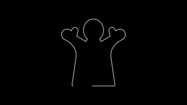 White line Toy puppet doll on hand icon isolated on black background. 4K Video motion graphic animation.