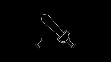White line Crossed medieval sword icon isolated on black background. Medieval weapon. 4K Video motion graphic animation.