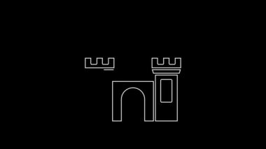 White line Castle icon isolated on black background. Medieval fortress with a tower. Protection from enemies. Reliability and defense of the city. 4K Video motion graphic animation.