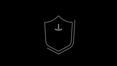 Beyaz çizgi Ortaçağ kalkanı ve siyah arka planda izole edilmiş kılıç simgesi. 4K Video hareketli grafik canlandırması.