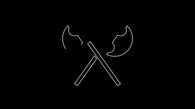 White line Crossed medieval axes icon isolated on black background. Battle axe, executioner axe. Medieval weapon. 4K Video motion graphic animation.