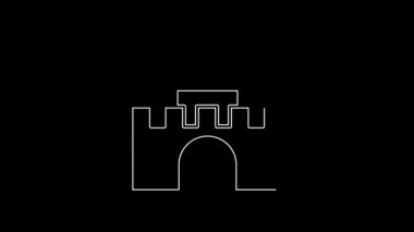 White line Castle icon isolated on black background. Medieval fortress with a tower. Protection from enemies. Reliability and defense of the city. 4K Video motion graphic animation.