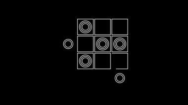 White line Board game of checkers icon isolated on black background. Ancient Intellectual board game. Chess board. White and black chips. 4K Video motion graphic animation.