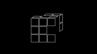 Siyah arkaplanda beyaz çizgi rubik küp simgesi izole edildi. Mekanik yapboz oyuncağı. Rubiks küp 3D kombinasyon bulmacası. 4K Video hareketli grafik canlandırması.