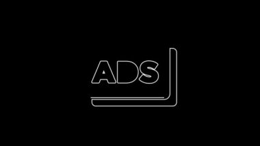 Beyaz çizgi reklam simgesi siyah arkaplanda izole edildi. Pazarlama ve tanıtım süreci kavramı. İlgili reklamlar. Sosyal medya reklamcılığı. 4K Video hareketli grafik canlandırması.